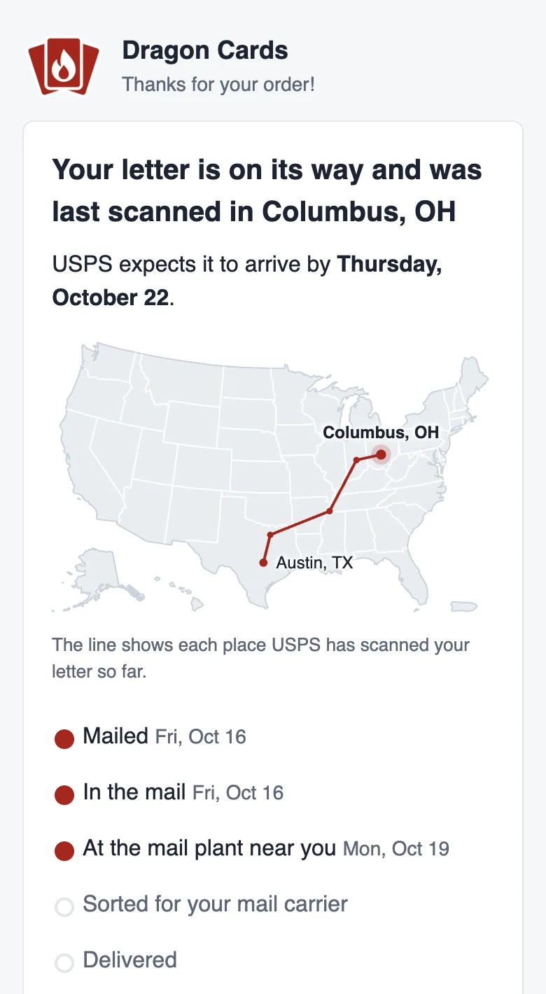 The buyer tracking page on a phone, in the look of a shop called Dragon Cards: its logo and tagline at the top, the words your letter is on its way and was last scanned in Columbus, OH, USPS expects it by Thursday, October 22, and a map of the route from Austin to Columbus.
