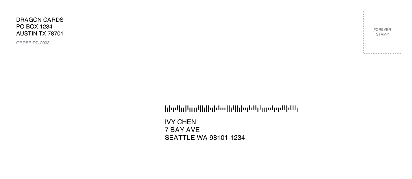 A #10 envelope printed by PigeonTrail: the shop's return address at the top left, a box for the Forever stamp at the top right, and the buyer's address with a USPS barcode above it.